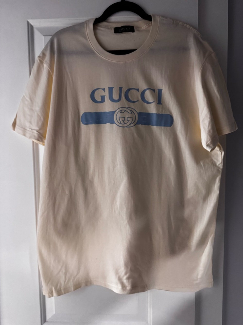 Men's Cream Logo T-Shirt with Blue Graphic